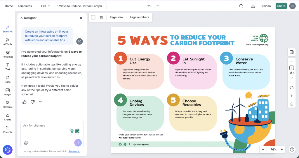 Venngage editor screenshot showing an infographic on 5 ways to reduce carbon footprint